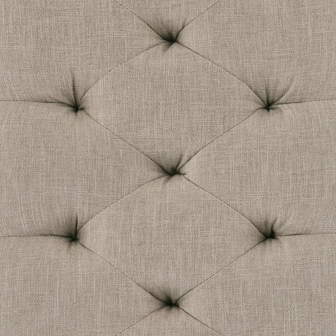 SIMPLIHOME Waverly 48" Wide Linen Look Rectangle Ottoman in Natural | Natural linen look, traditional tufted ottoman bench with carved legs; perfect footstool or footrest for bedroom or entryway.
