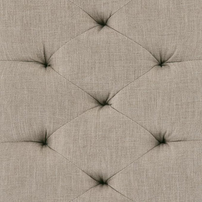 SIMPLIHOME Waverly 48" Wide Linen Look Rectangle Ottoman in Natural | Natural linen look, traditional tufted ottoman bench with carved legs; perfect footstool or footrest for bedroom or entryway.