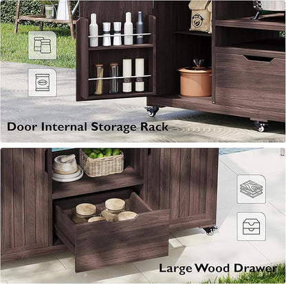 Outdoor Grill Cart Table for Large Big Green Egg Accessories 66.5’’ Solid Wood Kitchen Storage Island Prep Station with Stainless Steel Top for BBQ, Dark Brown