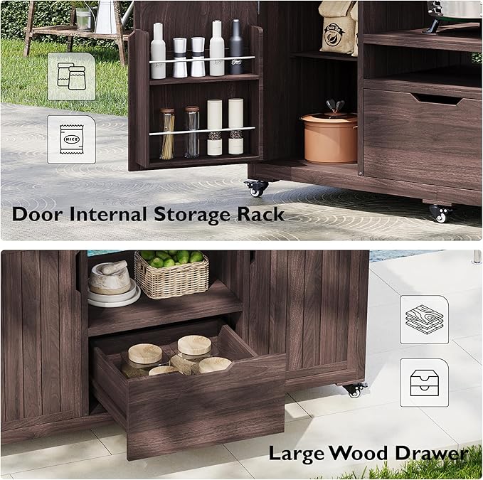 66.5" Outdoor Kitchen Island for Big Green Egg Grills, Solid Wood Grill Cart for Tabletop Grill with Stainless Steel Top, Drawer, Adjustable Middle Shelf, Compatible with Large Big Green Egg