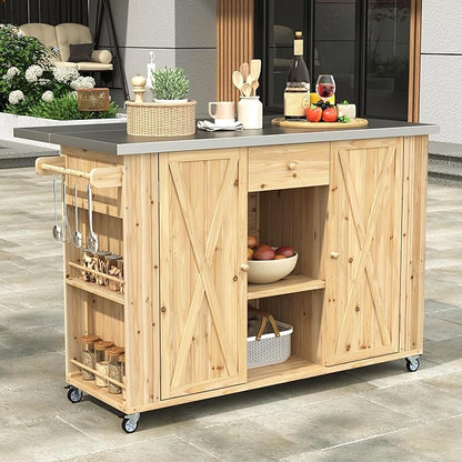 Outdoor Kitchen Island Fir Wood Kitchen Island with Stainless Steel Top,Ample Storage Space, Towel and Spice Racks and a Bottle Opener for Outdoor (Natural Wood@53)