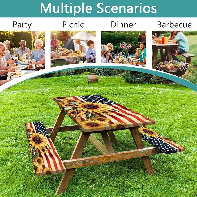 Picnic Table Cover with Bench Covers and Bag, American Flag Sunflower Summer Camping Essentials Outdoor Table Covers with Elastic Picnic Waterproof Fitted Tablecloth for RV Picnic Travel 3pcs 60inch