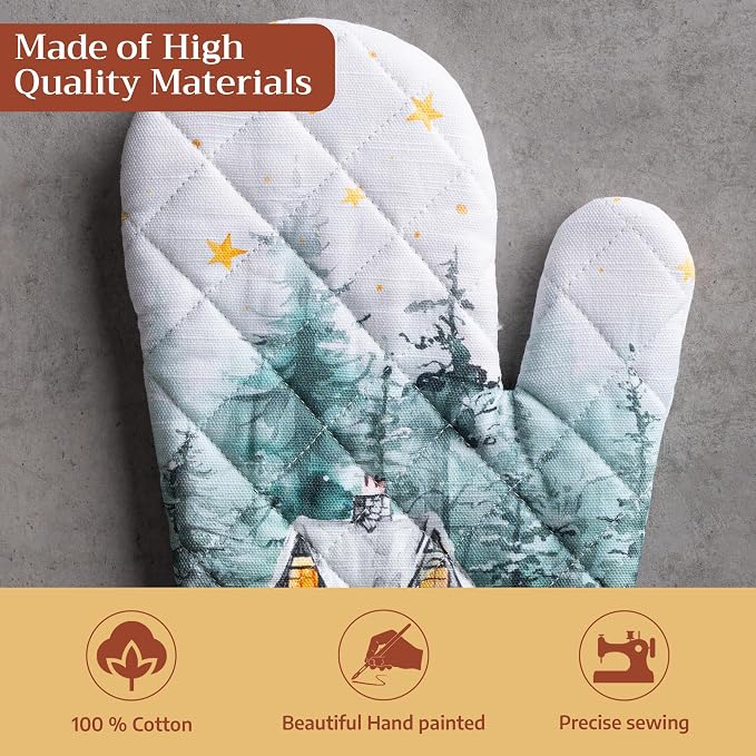 Maison d'Hermine Oven Gloves 100% Cotton Oven Mitt (7" x 13", Pack of 1) | With Loop Heat Resistant BBQ Cooking Gloves Baking Kitchen Handling Hot Pans Thanksgiving Christmas - Neige de Noel