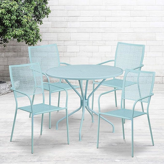 Flash Furniture Oia Commercial Grade 35.25" Round Sky Blue Indoor-Outdoor Steel Patio Table Set with 4 Square Back Chairs