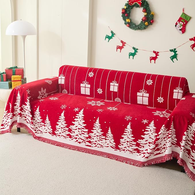 MEETSKY Christmas Couch Cover for Sectional Sofa, Chenille Loveseat Red Sofa Covers Washable for Pet Friendly Cedar Decorative Couch Covers, 71" x 102"