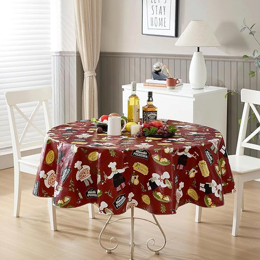 Newbridge 70 Inch Round Vinyl Tablecloth with Flannel Backing, Italian Red Bistro Chef, Novelty Chef Indoor Outdoor Waterproof Table Cover for Picnic, Barbecue, Patio and Kitchen Dining