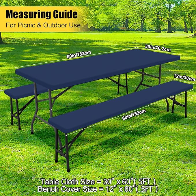 Smiry Picnic Table Cover with Bench Covers, Waterproof Elastic Fitted Polyester Tablecloths for 5 Ft Rectangle Tables, Washable Windproof Tablecloth for Outdoor, RV & Camping (Navy, 30x60 Inches)