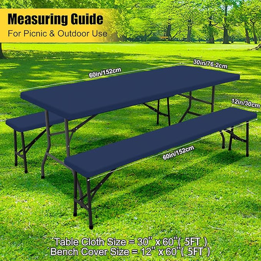 Smiry Picnic Table Cover with Bench Covers, Waterproof Elastic Fitted Polyester Tablecloths for 5 Ft Rectangle Tables, Washable Windproof Tablecloth for Outdoor, RV & Camping (Navy, 30x60 Inches)