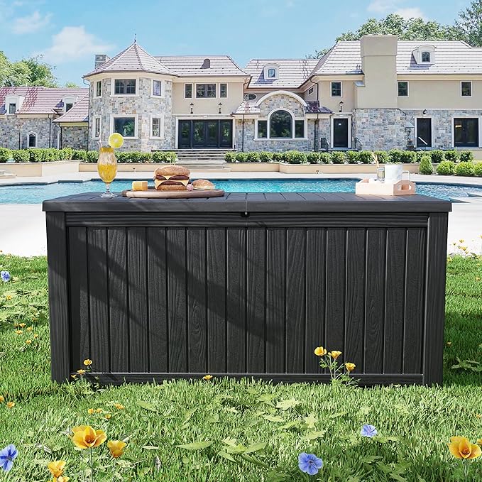 200 Gallon Outdoor Storage Box Patio Deck Box Waterproof, Resin Lockable Outside Large Storage Bin for Pool Cushion Furniture, Garden Tools UV-Resistant, Black