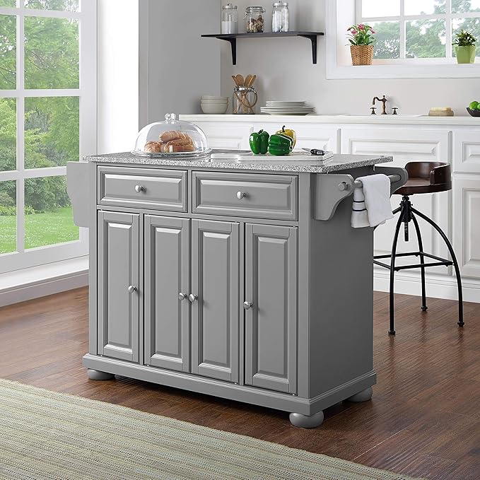 Crosley Furniture Full Size Granite Top Rolling Kitchen Island Storage Cart, Microwave Stand, Spice Rack, Gray