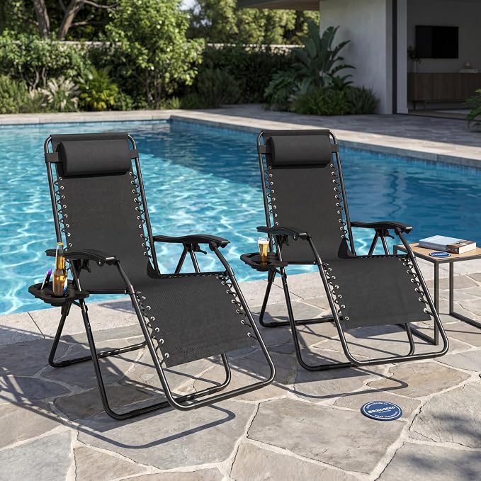 Adjustable Folding Lounge Chair, Portable Camping Chair for Adults with Headrest, Reclining Outdoor Chair with Removable Tray, Foldable Low Beach Chair for Camping, Picnic, Travel, Black