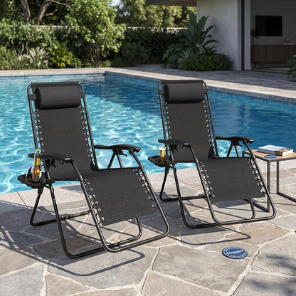 Adjustable Folding Lounge Chair, Portable Camping Chair for Adults with Headrest, Reclining Outdoor Chair with Removable Tray, Foldable Low Beach Chair for Camping, Picnic, Travel, Black