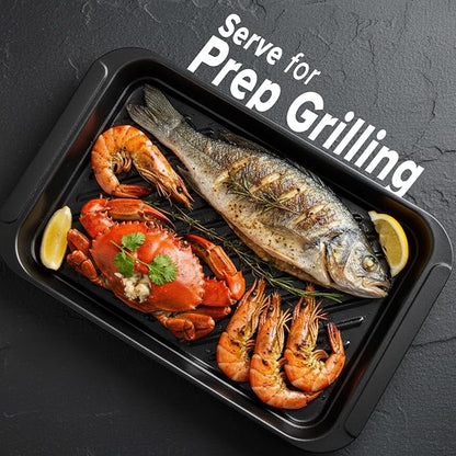 2PCs Prep and Serve Trays, 17" x 10.5" Melamine Deep Grilling Prep & Serve Trays, Melamine Trays | Serving Tray & Marinating Tray, BBQ Platters for Raw and Cooked Food, Serving Trays (Red, Black)
