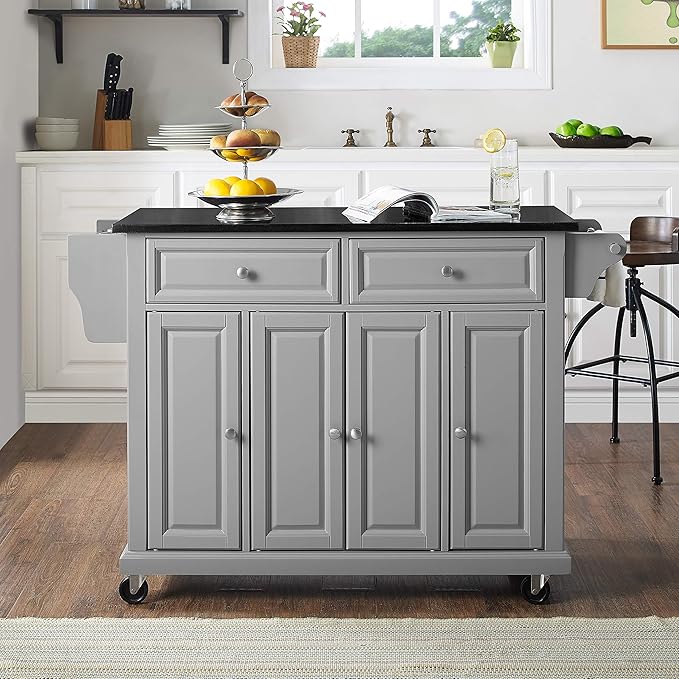 Crosley Furniture Full Size Granite Top Rolling Kitchen Island Storage Cart, Microwave Stand, Spice Rack, Gray