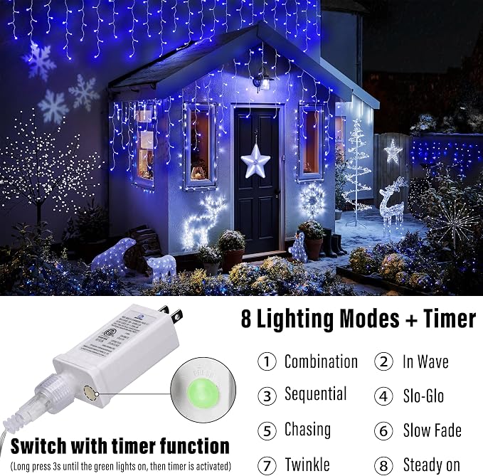 Joomer 19FT Christmas Icicle Lights Outdoor Connectable Blue | 30 Drops 8 Modes Timer Waterproof Plug-in String Light for Christmas Party, holiday Eaves Roof yard Xmas Decorations