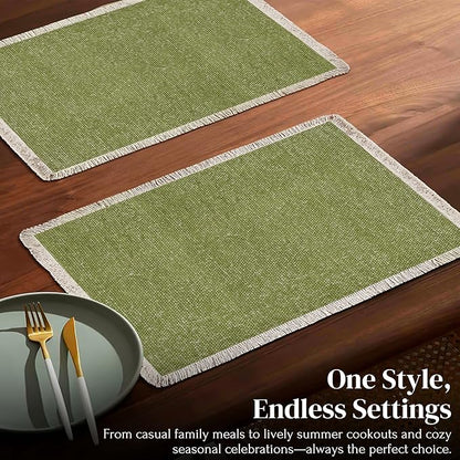 Hausattire Cotton Frayed Placemats Set of 4 Dining Table 13x19 Inch | Rustic Vintage Boho Washable Easter Placemat for Outdoor Parties BBQ's Wedding, Special Occasions, Nubby Cotton - Green