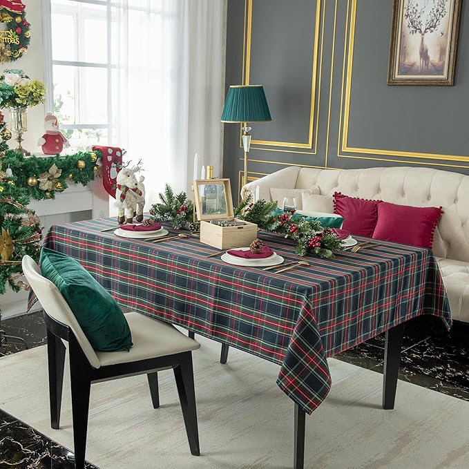 Christmas Blue Plaid Waterproof Tablecloth – Classic Woven Check Design – Holiday Dining Table Cover for Xmas Parties, Stain-Resistant & Durable, W60 x L84 in