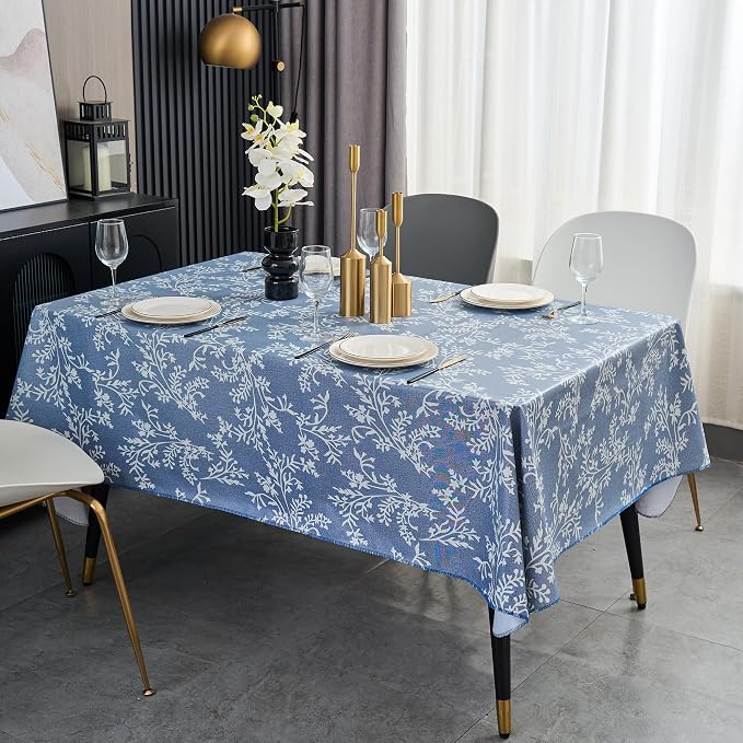 LIBERECOO Vinyl Tablecloth with Flannel Backing –Indigo Botanical Charm, Waterproof, Wipeable, Durable Table Cover – 4 Colors