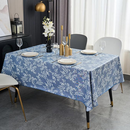 LIBERECOO Vinyl Tablecloth with Flannel Backing –Indigo Botanical Charm, Waterproof, Wipeable, Durable Table Cover – 4 Colors