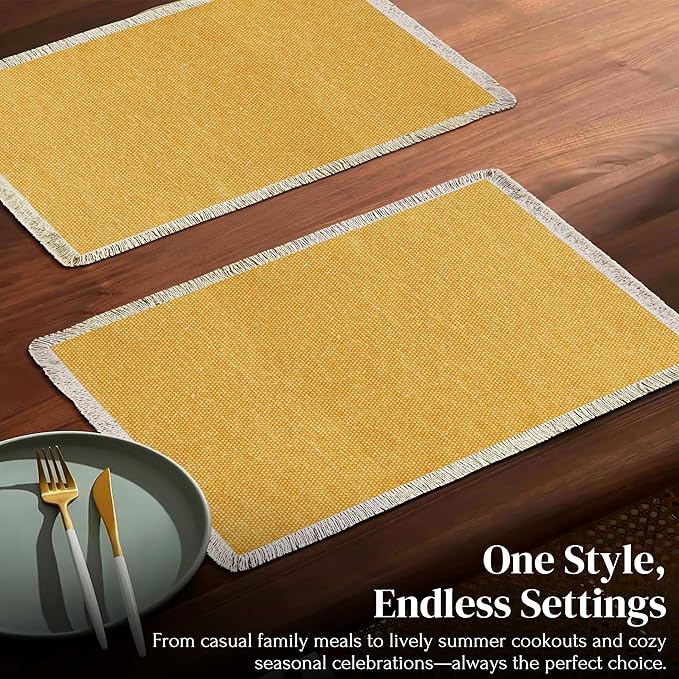 Hausattire Cotton Frayed Placemats Set of 4 Dining Table 13x19 Inch | Rustic Vintage Boho Washable Easter Placemat for Outdoor Parties BBQ's Wedding,Special Occasions, Nubby Cotton - Yellow