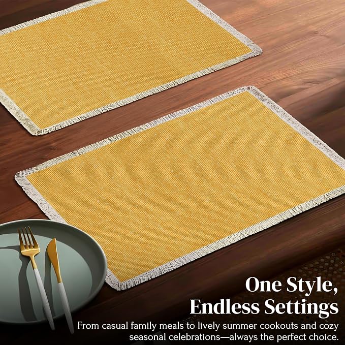 Hausattire Cotton Frayed Placemats Set of 6 Dining Table 13x19 Inch | Rustic Vintage Boho Washable Easter Placemat for Outdoor Parties BBQ's Wedding, Holiday, Special Occasions, Nubby Cotton - Yellow