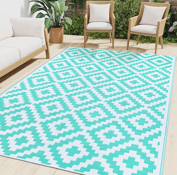 Smiry Outdoor Rug 6x9 ft Waterproof Reversible Boho Mat, White & Teal | Polypropylene Plastic Straw, Quick Drying, Lightweight Foldable, for Patio, Deck, RV Camping, Backyard and Indoor Outdoor Use