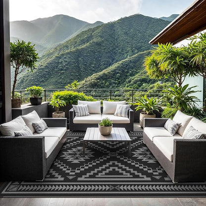 GENIMO Outdoor Rug, Waterproof Plastic Rugs for Patio, 6'x9' Charcoal Grey | Outside Larger Modern Carpet Mat for Porch Decor, Deck, Balcony, Camping, RV, Backyard, Picnic, Beach, Reversible, Foldable