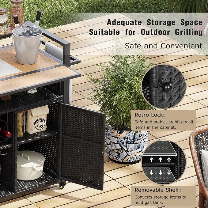 Outdoor Grill Cart BBQ Prep Station, Double Tabletop Rolling Wicker Kitchen Island with 7 Adjustable Shelves & Wine Rack, Weather-Resistant Storage Cabinet for Patio Backyard Garden, Black