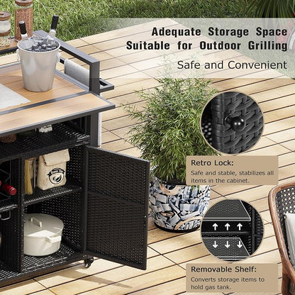 Outdoor Grill Cart BBQ Prep Station, Double Tabletop Rolling Wicker Kitchen Island with 7 Adjustable Shelves & Wine Rack, Weather-Resistant Storage Cabinet for Patio Backyard Garden, Black