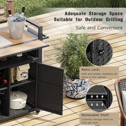 YOPTO Outdoor Grill Cart with Foldable Design,7-Tier Shelves,Lockable Wheels,Wine Rack & Weather-Resistant Wicker Rattan for Indoor/Outdoor Use,Black Brown