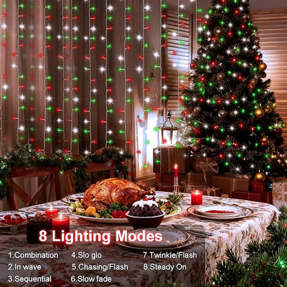 echosari Red White and Green Christmas Curtain Lights Battery Operated | 300 LED Curtain Lights 9.8Ft x 9.8Ft Hanging Lights with Remote Timer for Party Holiday Garden Yard Decor
