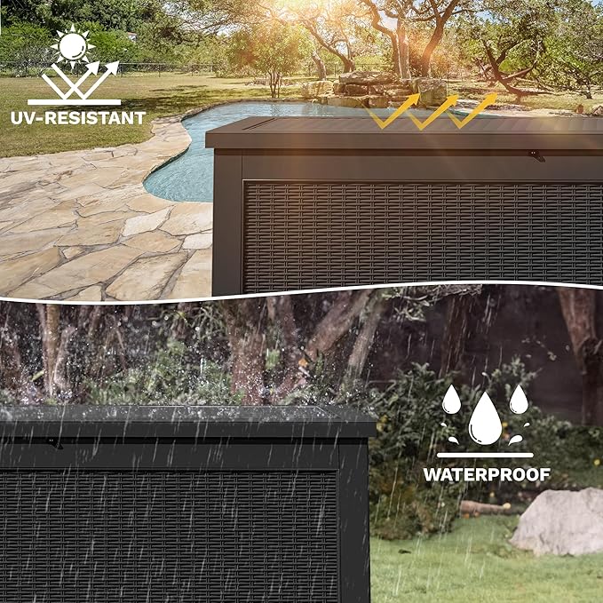 DWVO 320 Gallon Resin Outdoor Storage Box, XXL Large Waterproof Deck Box, Doubles as Table or Seating with 1000 lbs Capacity, Lockable (Black)