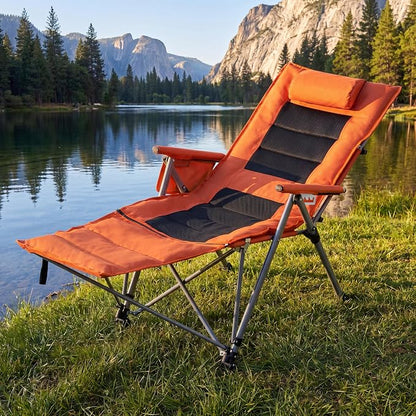 Adjustable Folding Beach Chair, Portable Camping Chair for Adults with Footrest, Reclining Outdoor Chair with Cup Holder & Pocket, Foldable Low Beach Chair for Camping, Picnic, Travel, Orange