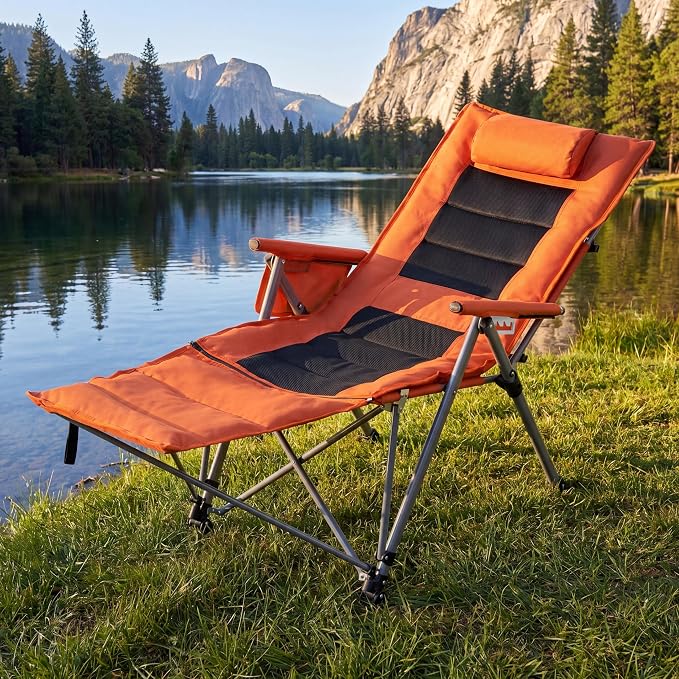 Adjustable Folding Beach Chair, Portable Camping Chair for Adults with Footrest, Reclining Outdoor Chair with Cup Holder & Pocket, Foldable Low Beach Chair for Camping, Picnic, Travel, Orange