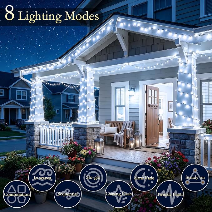 132FT 400 LED White Fairy Lights, Dark Green Wire 8 Modes Timer, IP44 Waterproof Outdoor Indoor String Lights for Patio Garden Backyard Bedroom Classroom Weeding Christmas Decor