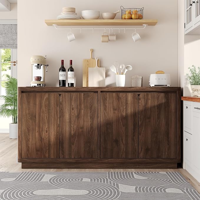 knoworld 63" Buffet Cabinet with Storage & Power Outlet, Wood Sideboard Credenza with Double-Arc Doors, Modern Coffee Bar Console Table for Kitchen Dining Room, Walnut