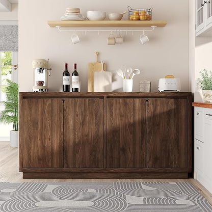 knoworld 63" Buffet Cabinet with Storage & Power Outlet, Wood Sideboard Credenza with Double-Arc Doors, Modern Coffee Bar Console Table for Kitchen Dining Room, Walnut