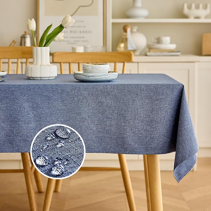 Decorelia Faux Linen Waterproof Tablecloth,Denim Blue,120" x 60" (Rectangular)