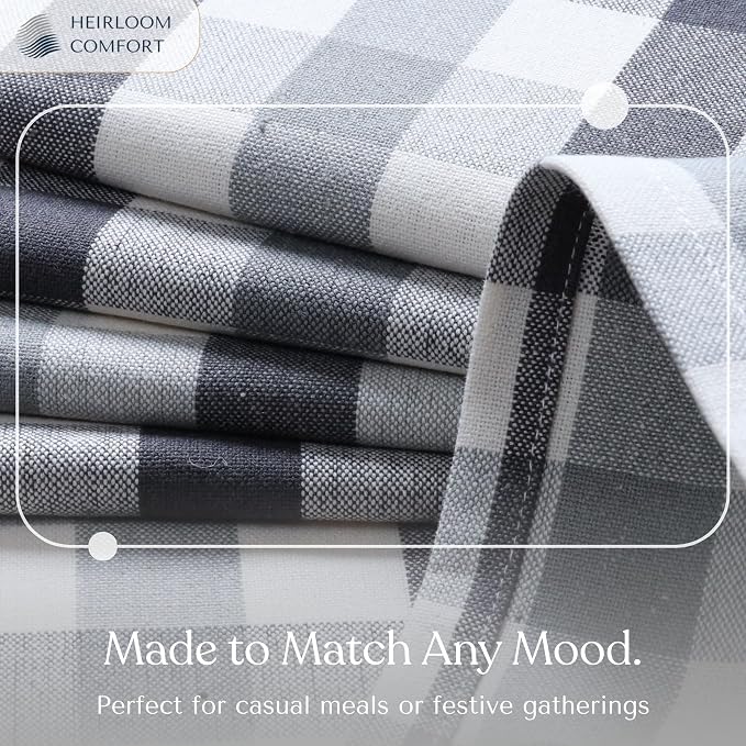 Gingham Check Tablecloth, 100% Cotton, 52x70 Inch, Durable & Washable Table Cover for Dining, Picnic, Farmhouse Kitchen, Indoor Outdoor Use - Dark Grey, Light Grey, Natural