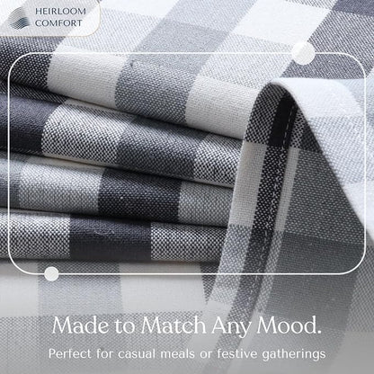 Gingham Check Tablecloth, 100% Cotton, 52x70 Inch, Durable & Washable Table Cover for Dining, Picnic, Farmhouse Kitchen, Indoor Outdoor Use - Dark Grey, Light Grey, Natural