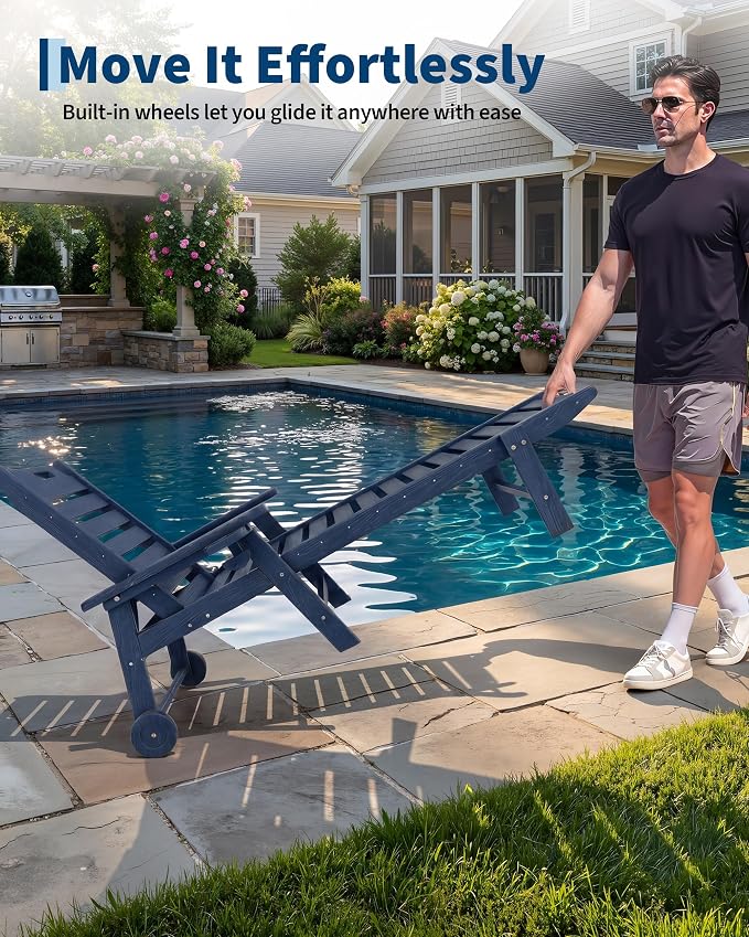 2 Pack HDPE Lounge Chair Outdoor with Cup Holder & 5-Position Backrest | All-Weather & Wood Textured for Patio Poolside Deck Backyard, Navy Blue