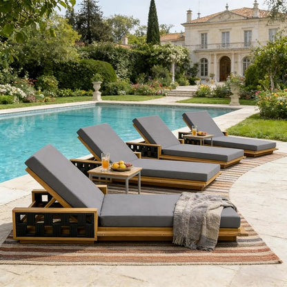 Merax Outdoor Chaise Lounge Set of 2, Acacia Wood Patio Reclining Chairs with 4-Position Adjustable Backrest, 2-Piece Sunbathing Recliner & 4" Thick Double-fold Cushion for Poolside, Garden, Dark Gray