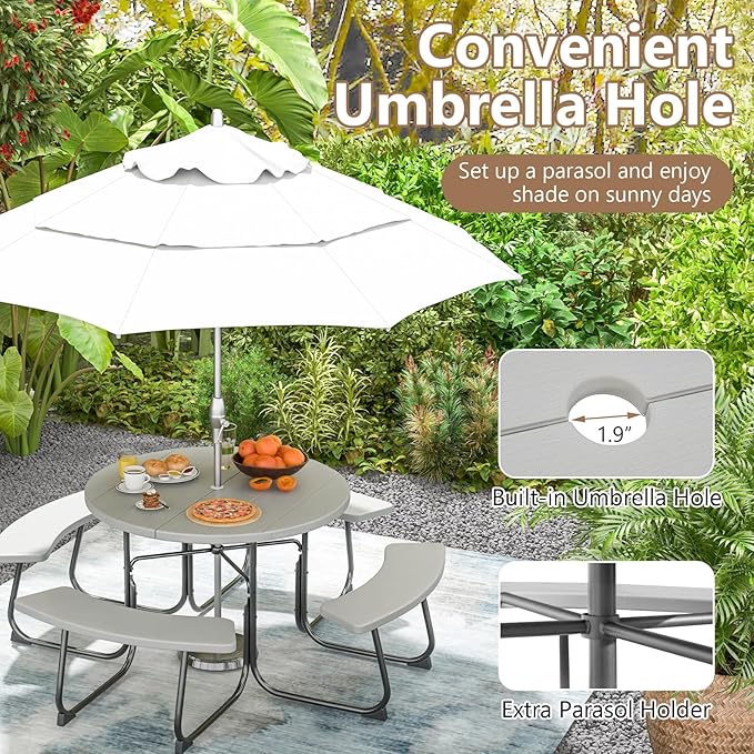 COSTWAY Round Picnic Table with Umbrella Hole, Outdoor Picnic Table with Bench Set for 4-8 People, HDPE Tabletop, Patio Dining Furniture Set for Family Gatherings, BBQ Party, Backyard (Grey)