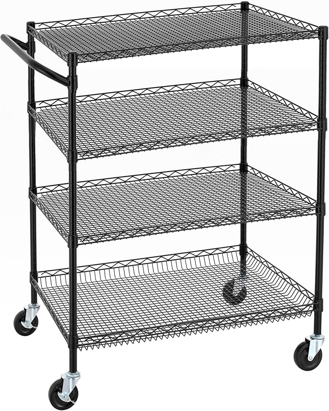 Finnhomy 4 Tier Heavy Duty Commercial Grade Rolling Cart with Handle Bar, Metal Wire Utility Cart with Wheels, Service Trolley on Wheels, Shelf Size 24" D x 36" W, NSF, Black