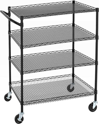 Finnhomy 4 Tier Heavy Duty Commercial Grade Rolling Cart with Handle Bar, Metal Wire Utility Cart with Wheels, Service Trolley on Wheels, Shelf Size 24" D x 36" W, NSF, Black