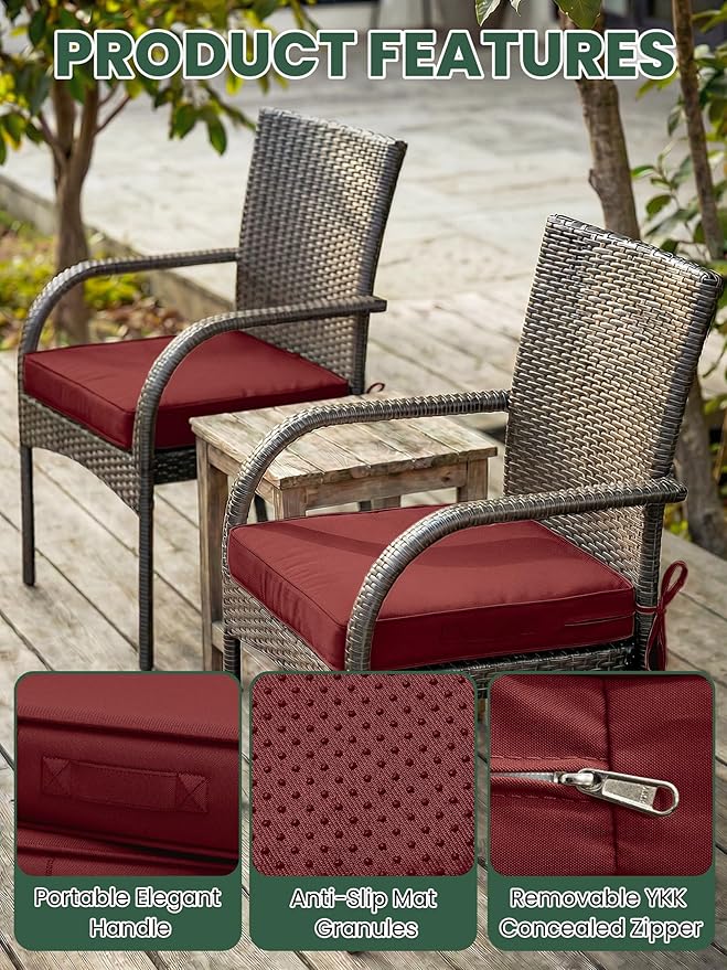 Outdoor Chair Cushion 17 x 16 x 3 Inches Patio Furniture Outdoor Waterproof Seat Cushion, Patio Chair Cushion with Handles and Ties, Square Dining Chair Cushion Set of 2, Burgundy