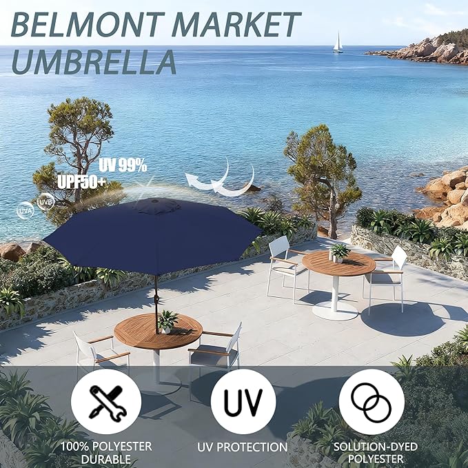 9FT Large Outdoor Patio Umbrella Pool Market Umbrella-UV Resistant, Easy Push Button Tilt and Crank, 8 Sturdy Ribs Heavy-Duty Table Umbrella for Deck, Backyard,Garden (Navy)