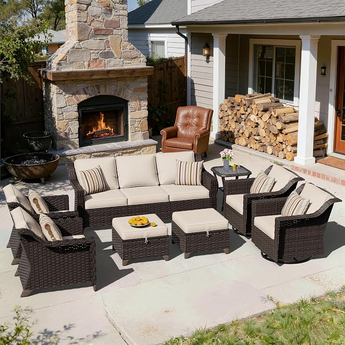 8 Piece Patio Furniture Set, Wicker Outdoor Conversation Set | Patio Chair Set with Olefin Removable Cushion, All-Weather Outdoor Couch with Deep Seat for Porch, Deck and Backyard, Beige