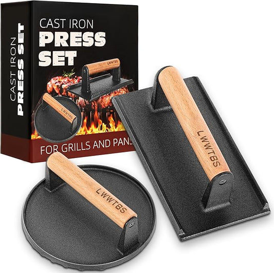 LWWTBS Burger Press Heavy-Duty Cast Iron Smashed Meat Steak Weight Grill Griddle Press (7" Round & 8.2"X4.3" Rectangle) with Wood Handle for Blackstone Griddle