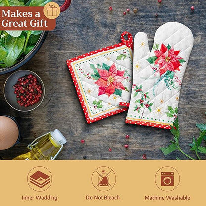 Maison d' Hermine 100% Cotton Oven Mitt & Pot Holder Set (7.5"x13" & 8"x8") Heat Resistant BBQ Cooking Gloves with Loop for Thanksgiving Christmas Decorations Handling Hot Pans (Poinsettia Christmas)